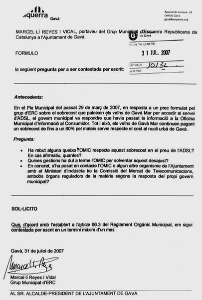 Pregunta d'ERC de Gavà a l'Ajuntament de Gavà sobre les gestions realitzades perquè l'ADSL a Gavà Mar no sigui tan car comparativament amb el del nucli urbà (31 de juliol de 2007)